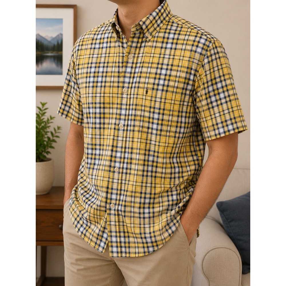 IZOD Saltwater Relaxed Classics Men's XL Yellow Blue Plaid Button Front Shirt...